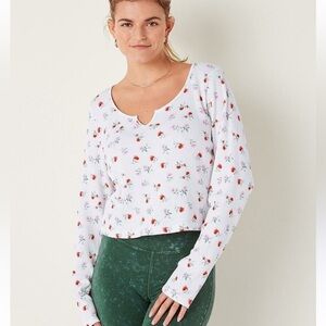 VS VICTORIAS SECRET PINK SHRUNKEN THERMAL NOTCH LONG SLEEVE TEE TOP FLORAL XXL